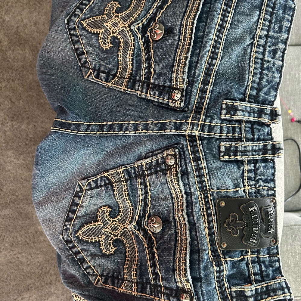 Rock Revival Dark Blue Boot Cut Jeans with Cream Stitching